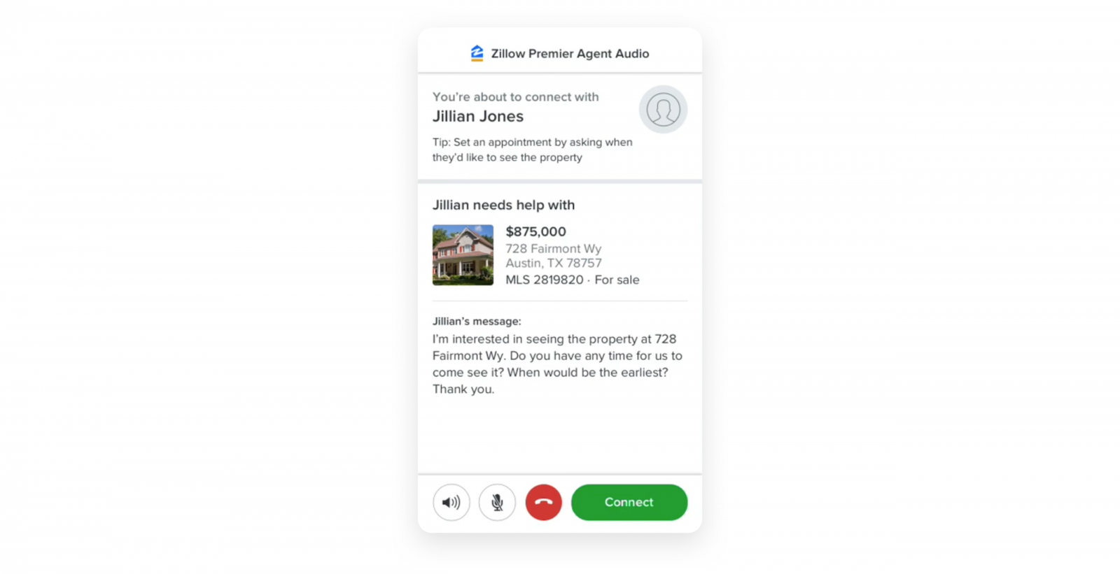 游览连接的电话屏幕。买家Jillian已请求参观房屋,Zillow Premier代理收到了Jillian的消息。
