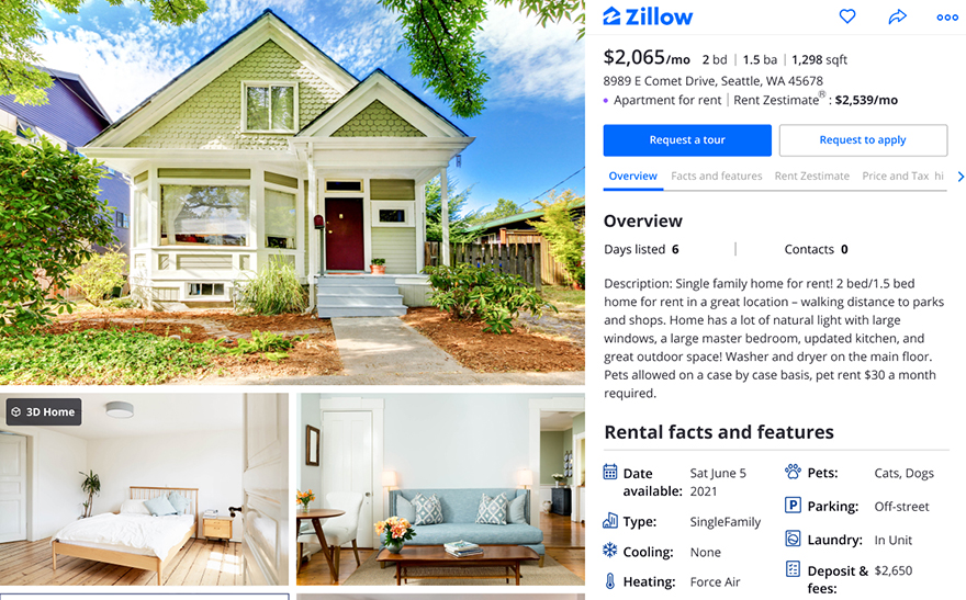 An example house rental advertisement on Zillow.