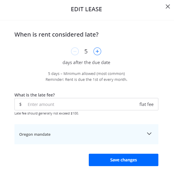 Setting late rent payment terms on a Zillow Rental Manager lease.