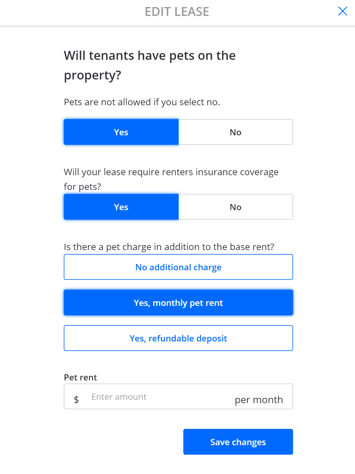 An example of adding pet rent and a refundable pet deposit to a lease.