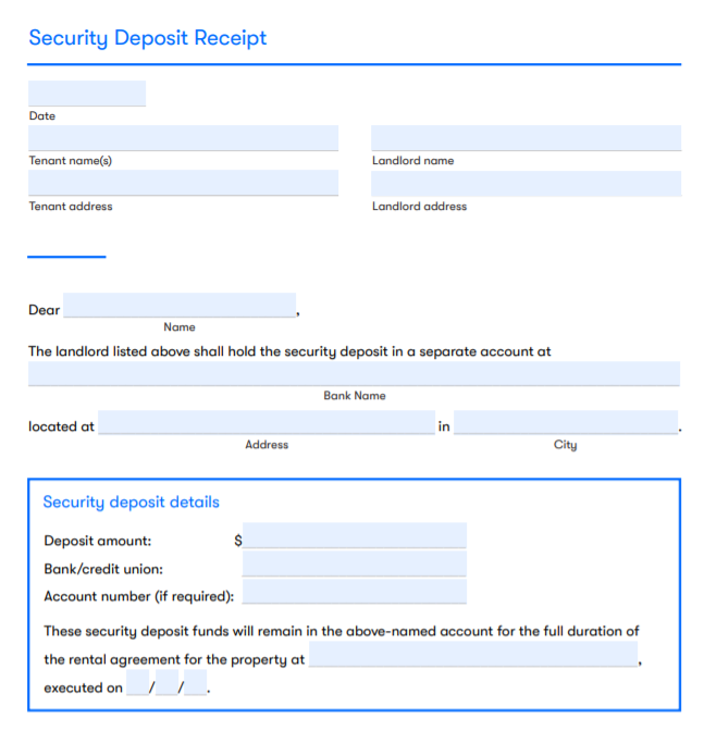 receipts for tenants security deposit