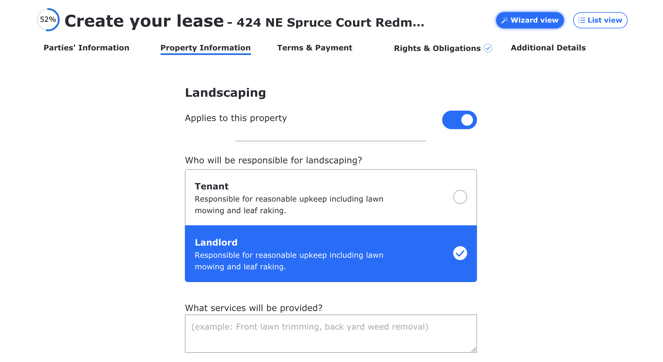 Assigning landlord responsibilities and tenant responsibilities in a lease for landscaping.