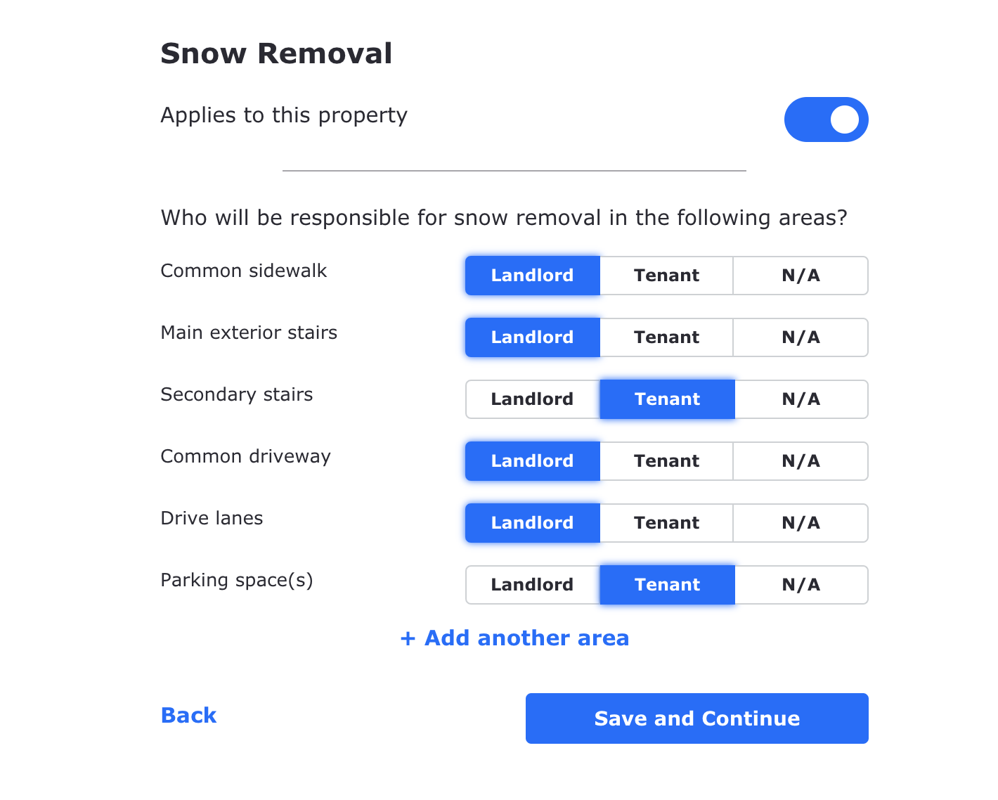 Assigning landlord responsibilities and tenant responsibilities in a lease for snow removal.