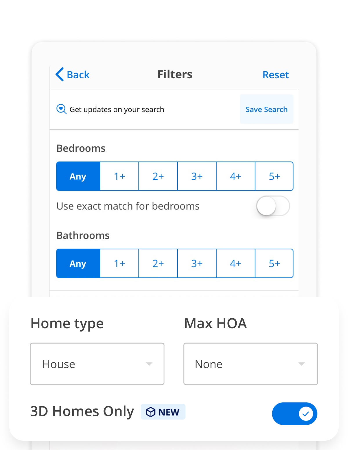 Zillow home search filters: bedrooms, bathrooms, home type, and max HOA.
