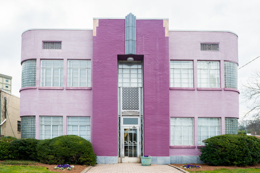 Home architectural styles: A purple, Art Deco residential building in Decatur Georgia.