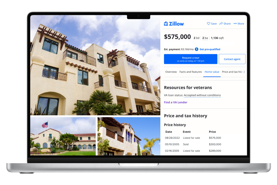 Zillow's condo listing pages feature a listing's VA loan status.