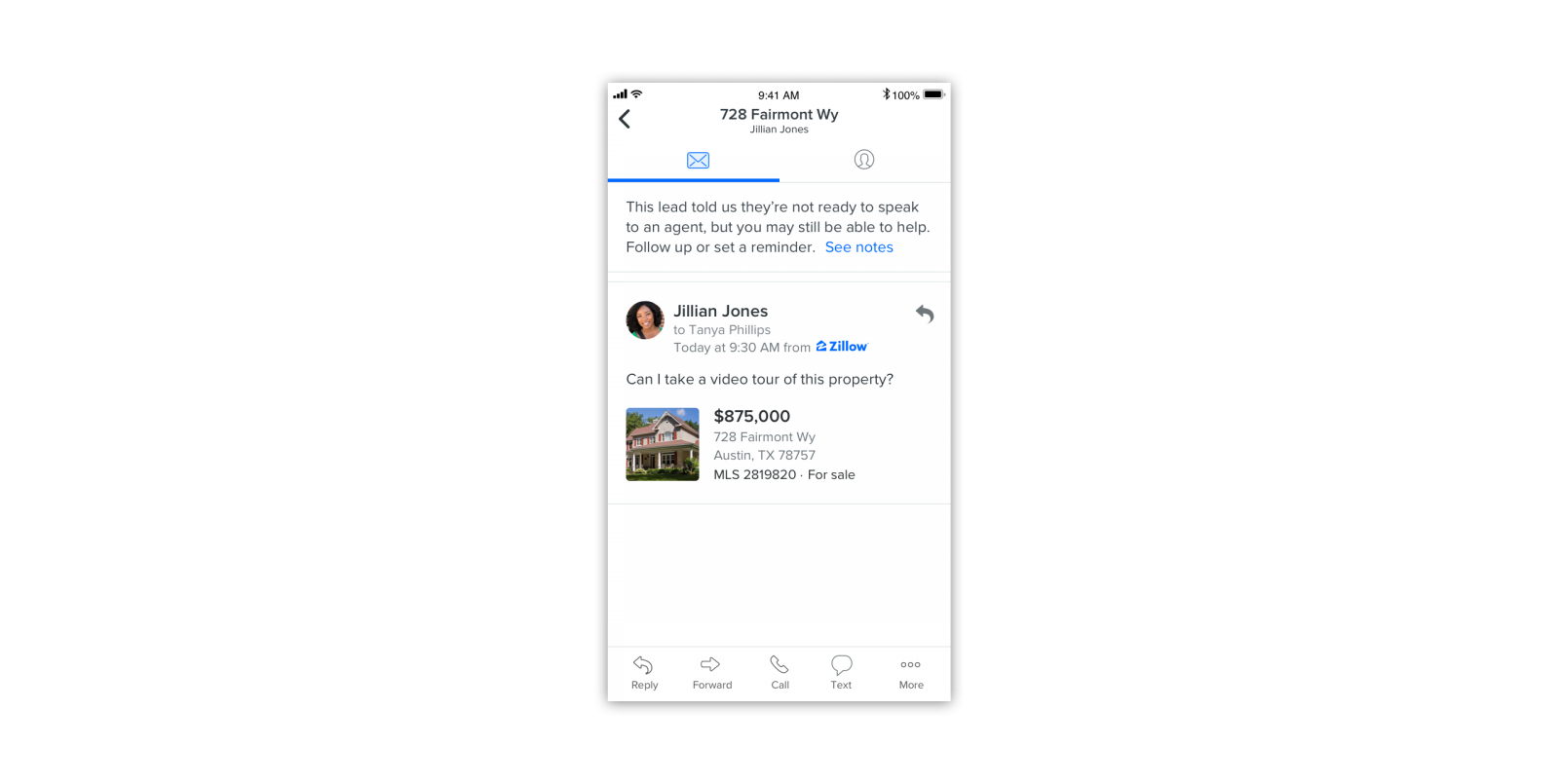 Screenshot of the Zillow mobile app experience where a lead is sent to an agent's inbox as a nurture lead