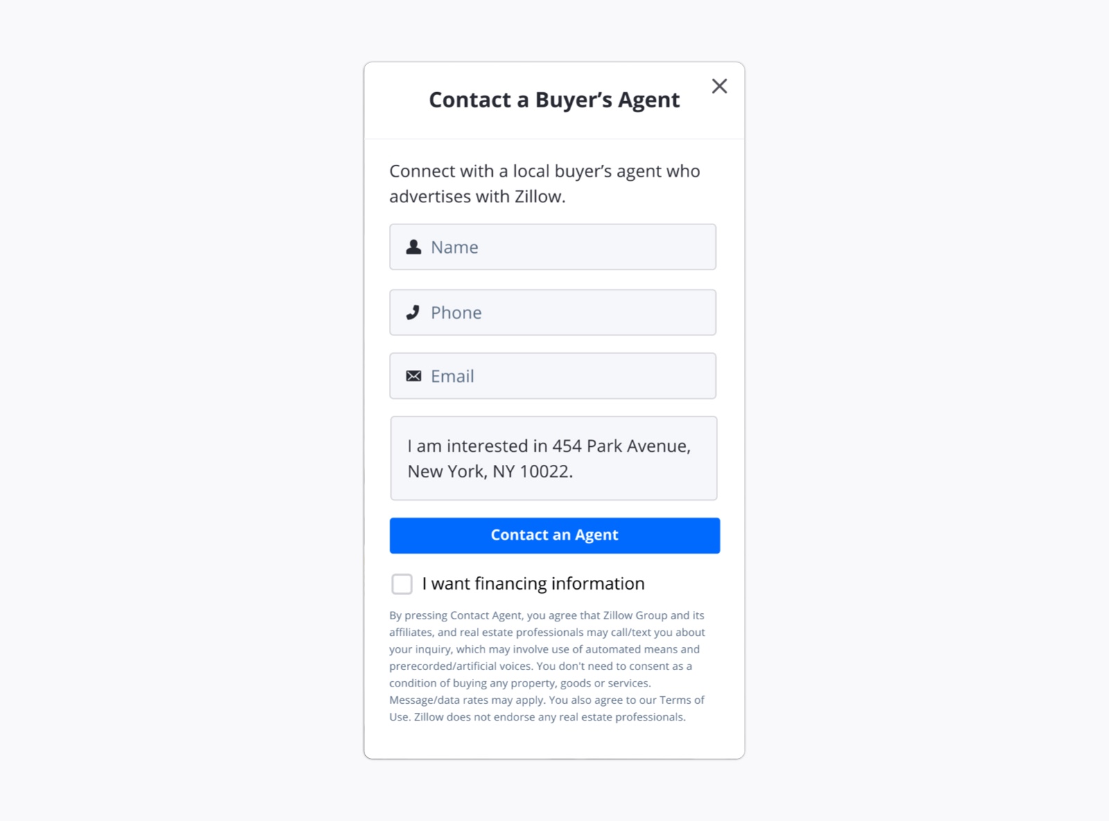 A screenshot of the buyer agent contact form