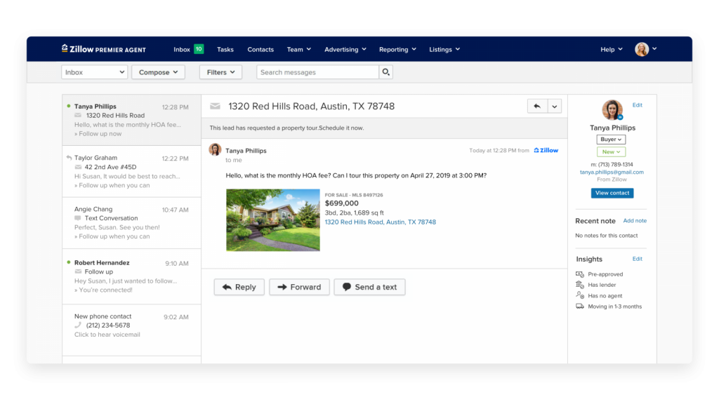 Text messaging from the Zillow Premier Agent inbox on desktop