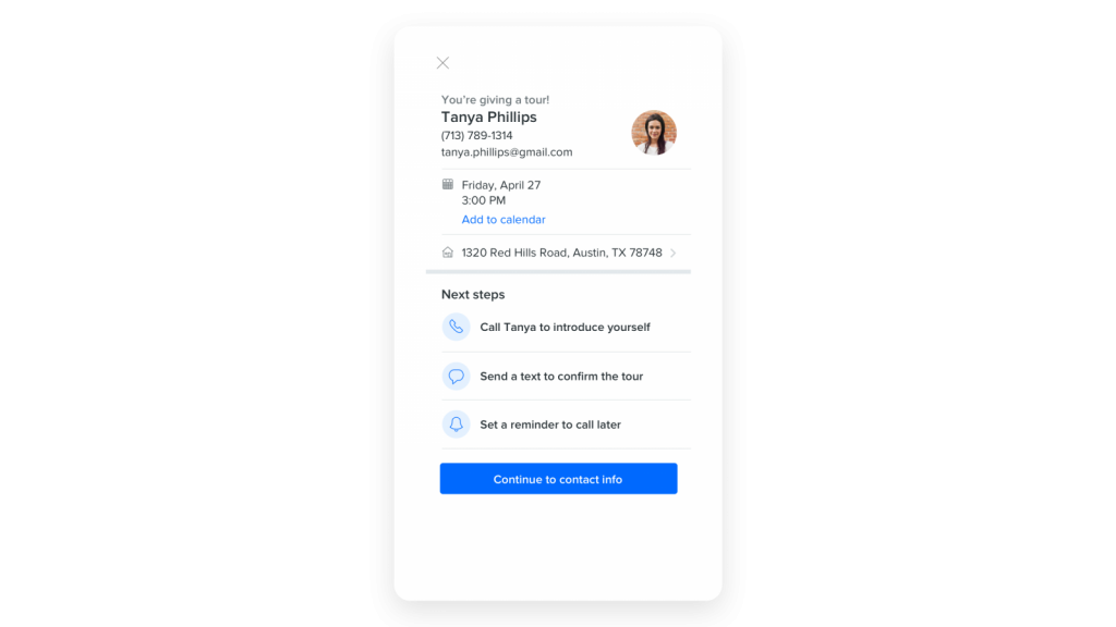 Contact info and next steps for tour connections