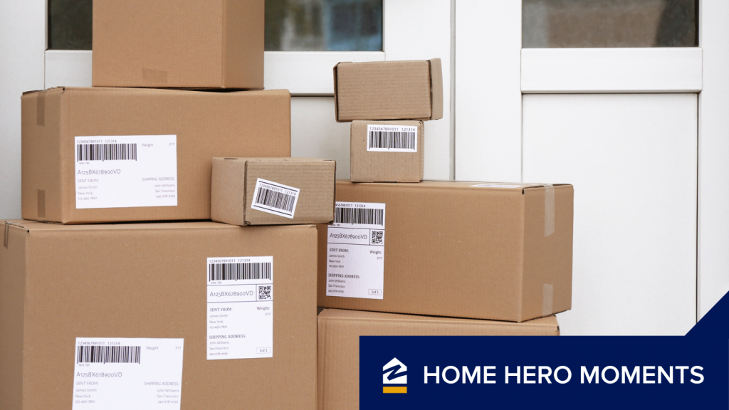 Packages piled up on a front door step