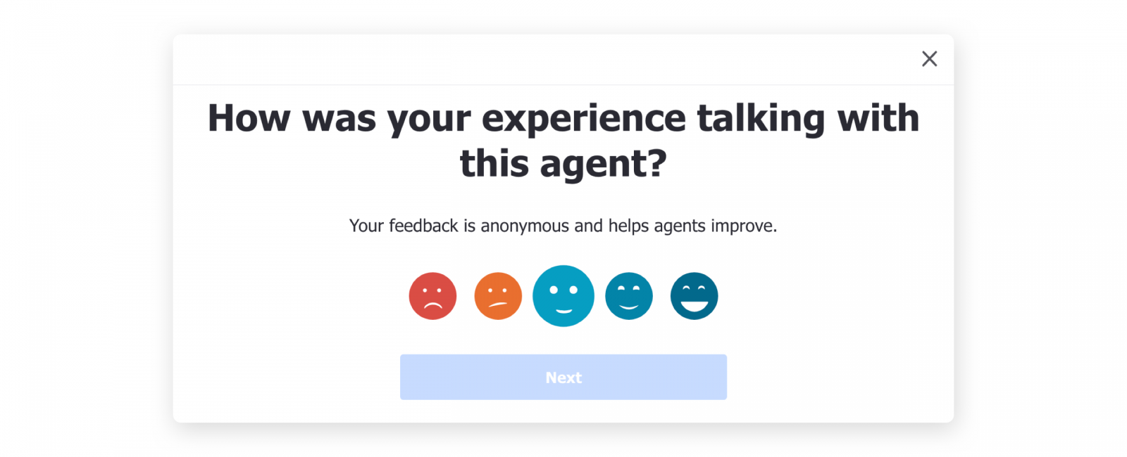 An example of a customer experience survey with five faces, ranging from sad to happy