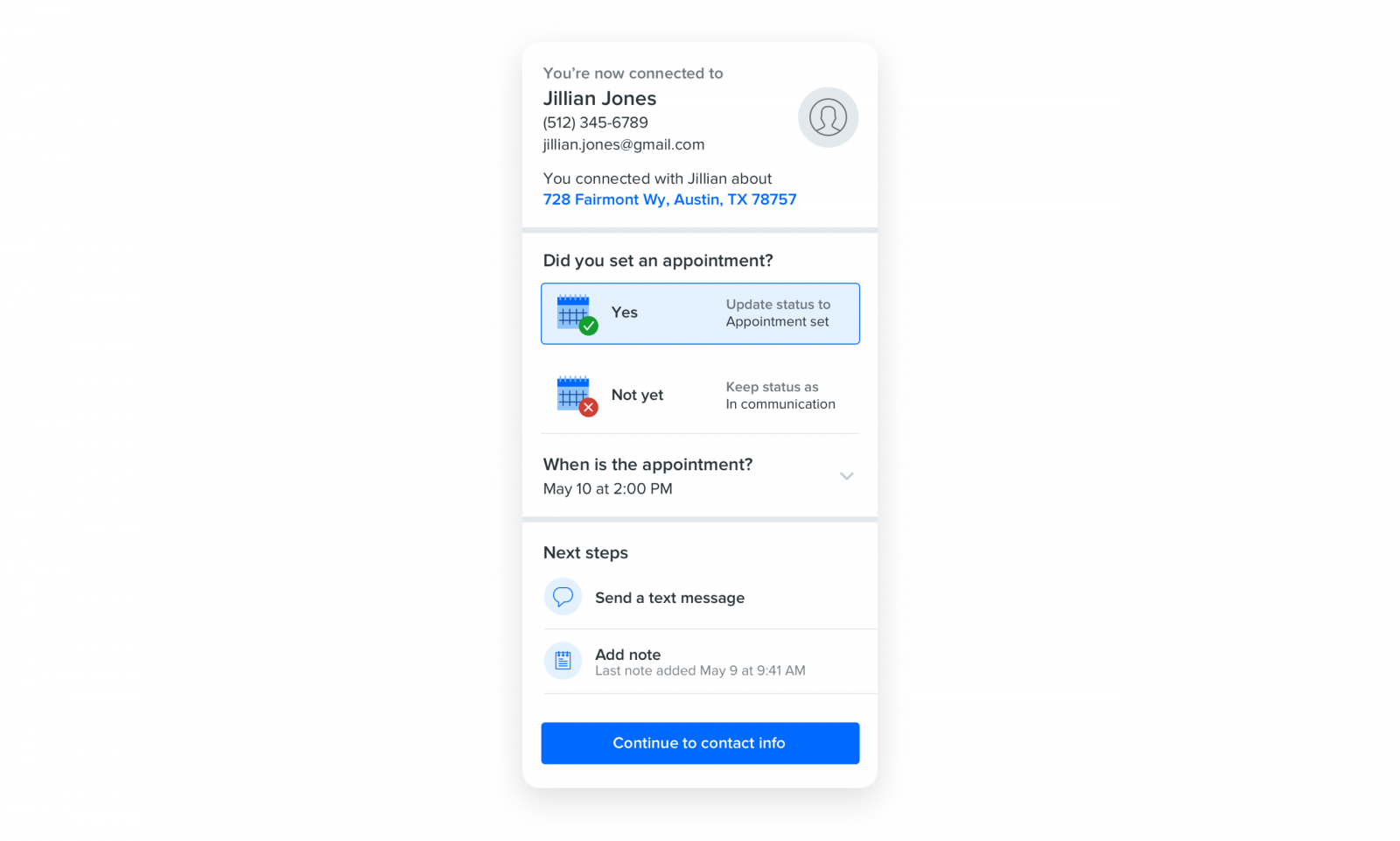 What a Zillow Premier Agent sees when they hang up from a connection call: A screen on their app, asking if they've set an appointment.