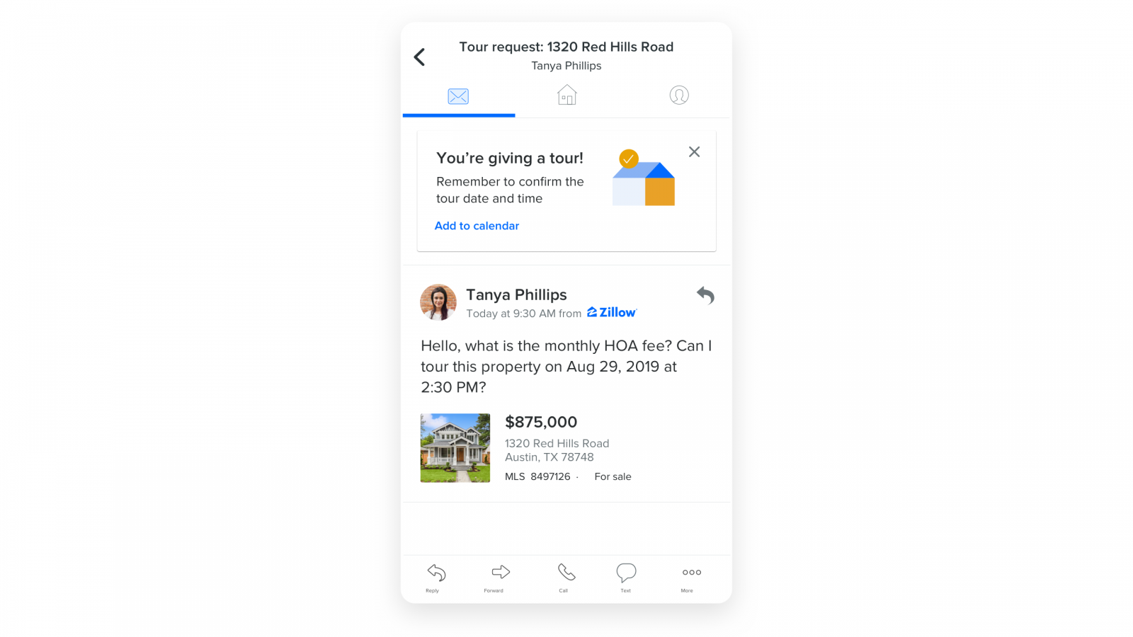 Screenshot of a tour request reminder