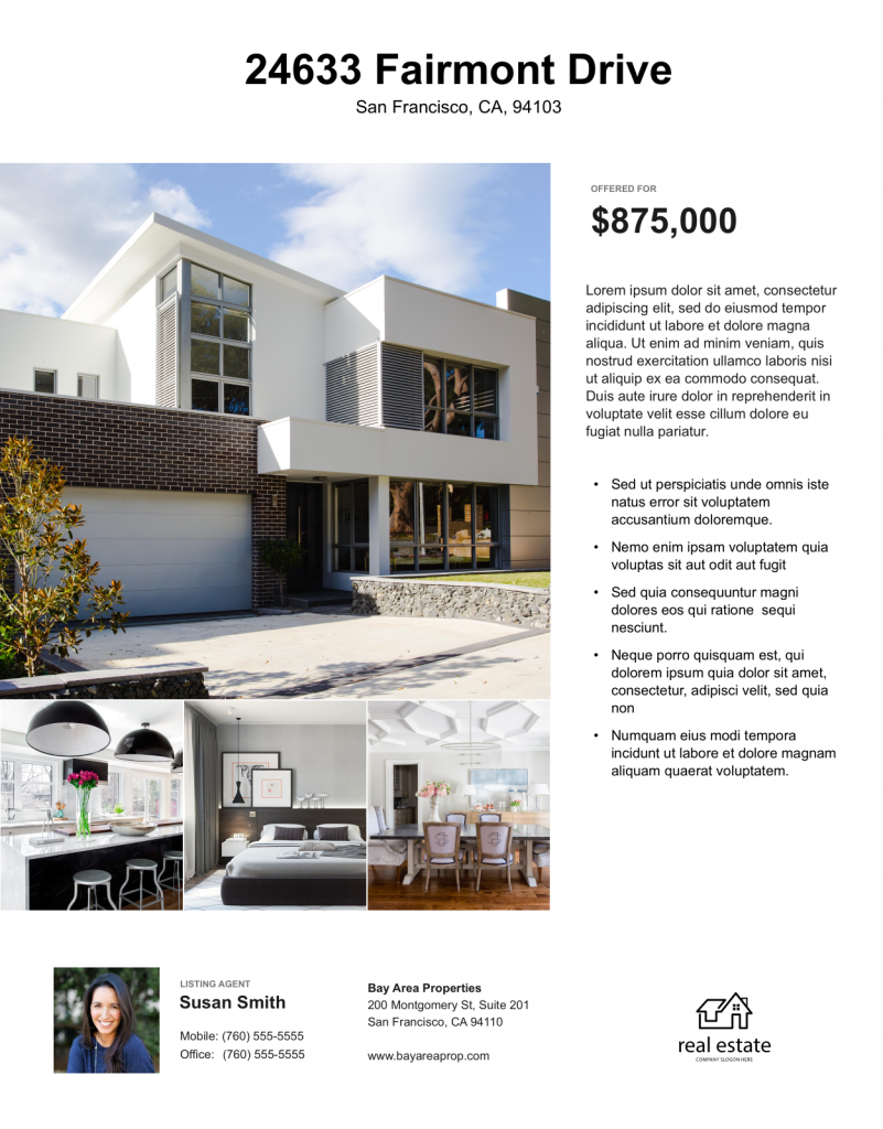 Example of a real estate flyer with feature highlights.