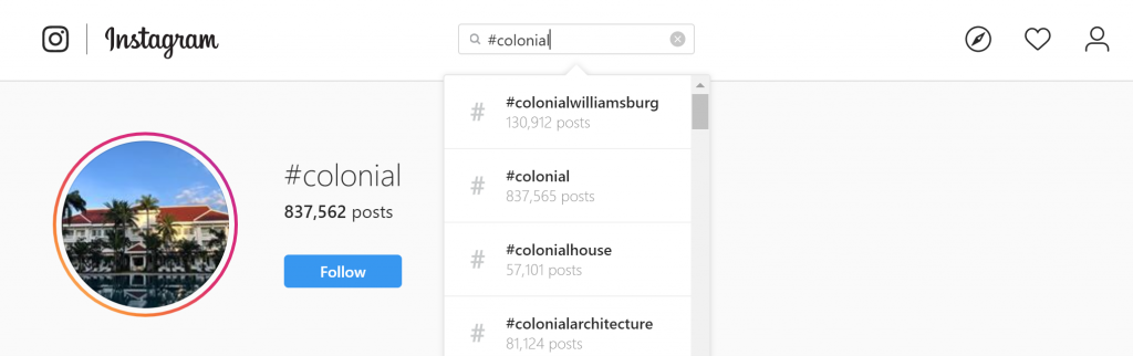 Search results for the real estate hashtag "#colonial" on Instagram.