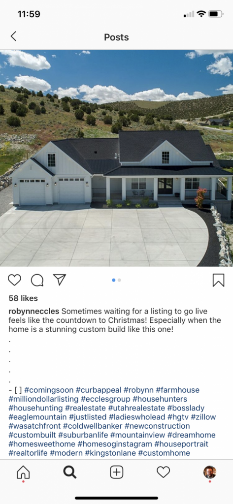 A post with real estate hashtags to use when advertising real estate on Instagram.