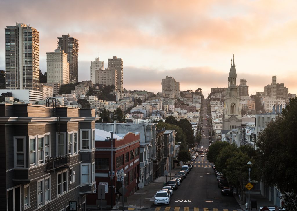 Sunset over Russian Hill, from Telegraph Hill in North Beach, in San Francisco, California, USA.