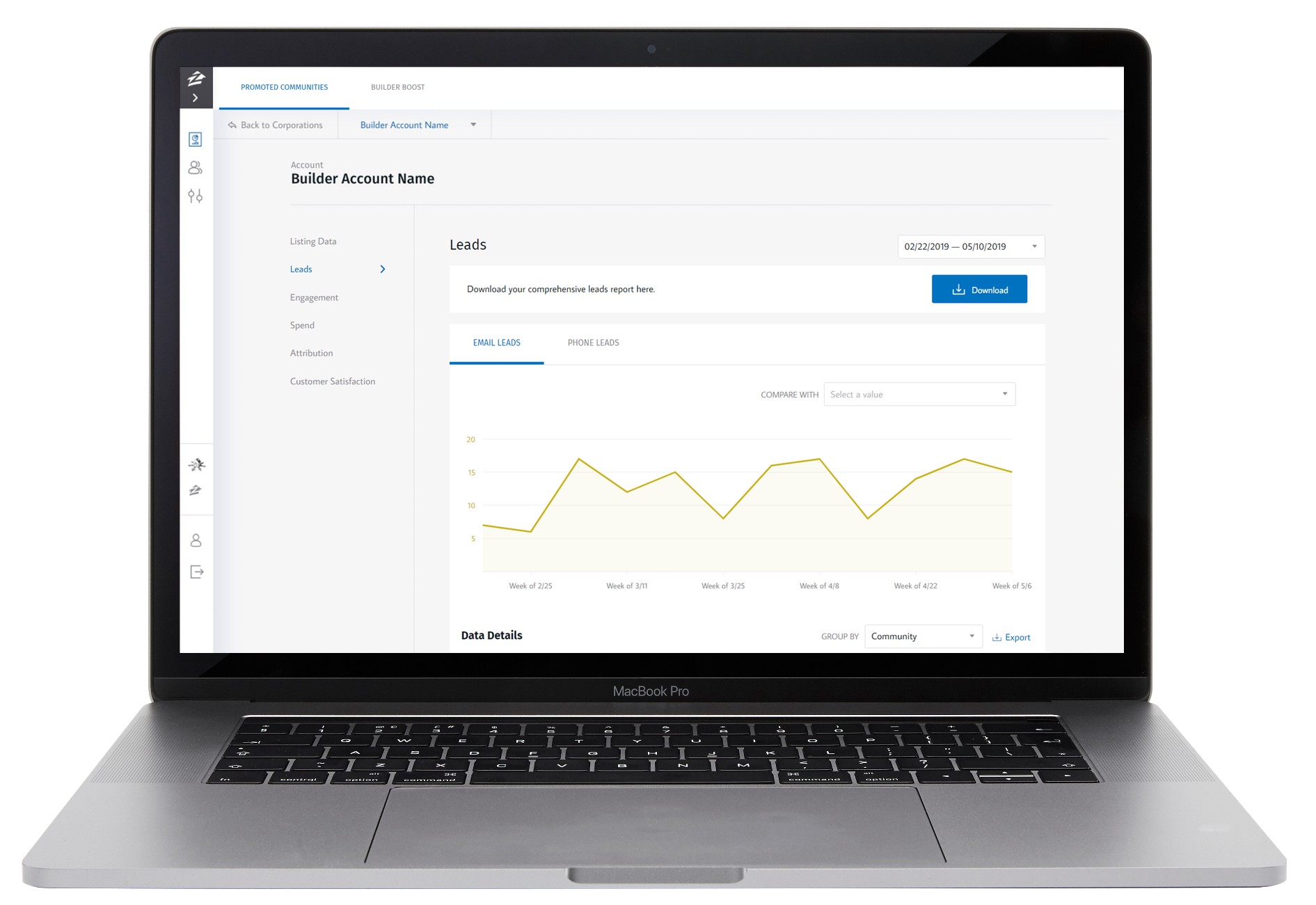Laptop displaying a Zillow Builder Dashboard
