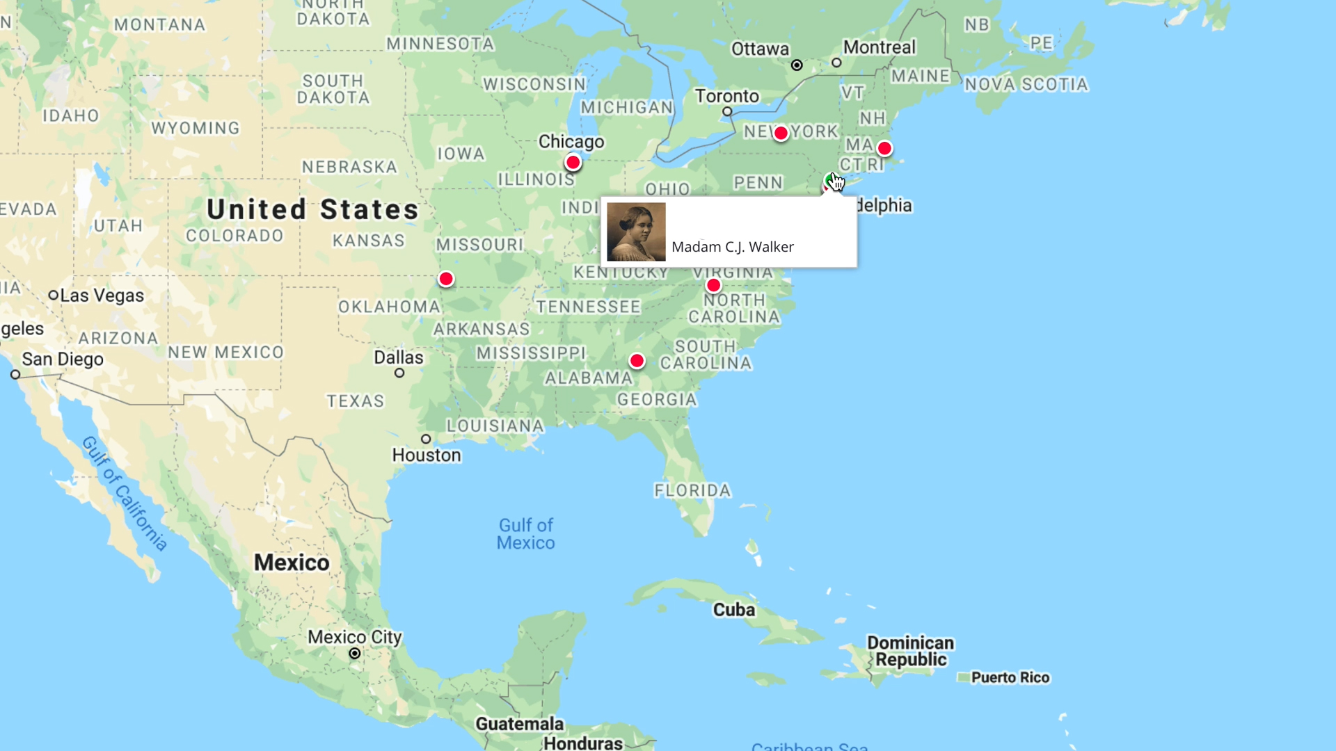Screenshot of map of the United States from the Blacks Across America application created during Zillow Hack Week 20