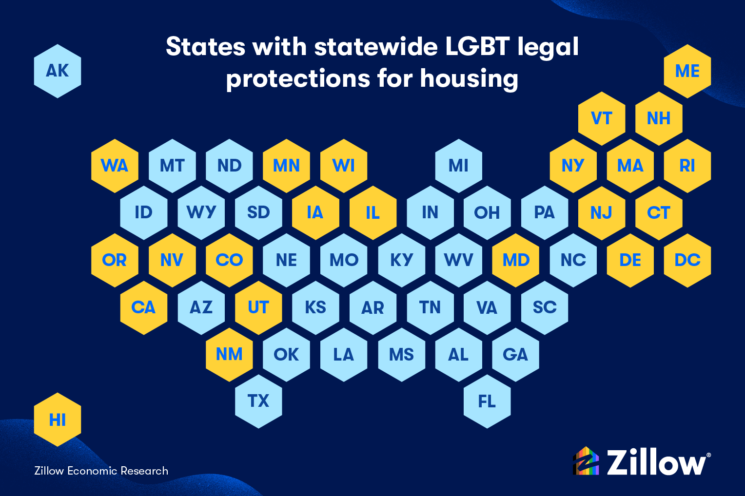 map of the united states that highlights states wtih statewide LGBT legal protections for housing