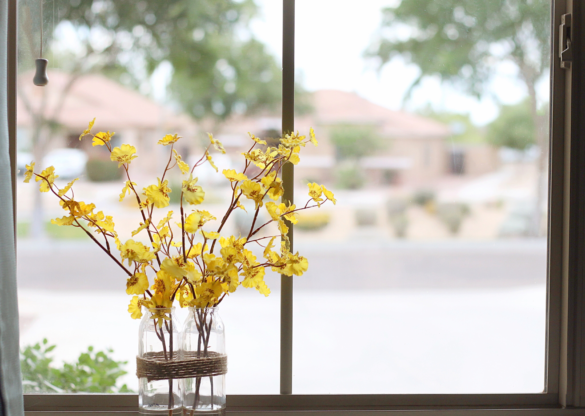 window sill with vase of spring flowers
