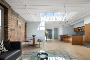 Tribeca living room with skylight open houses on November 12