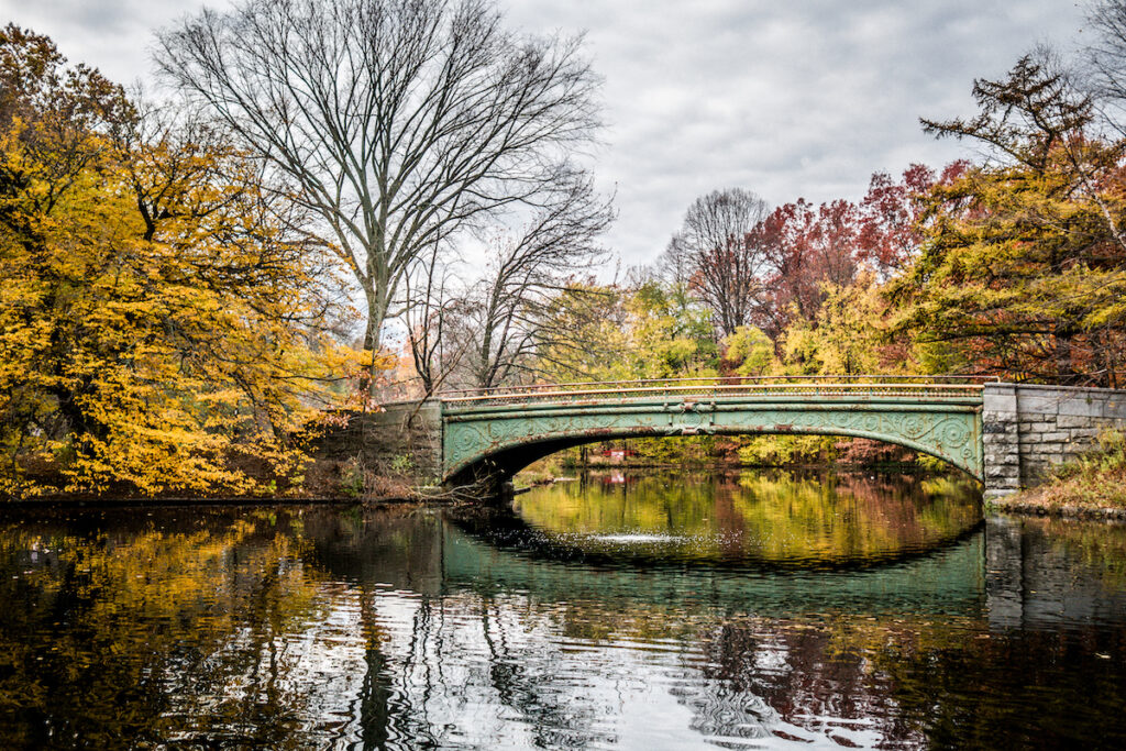 Bridge over water in Prospect Park, Brooklyn in autumn