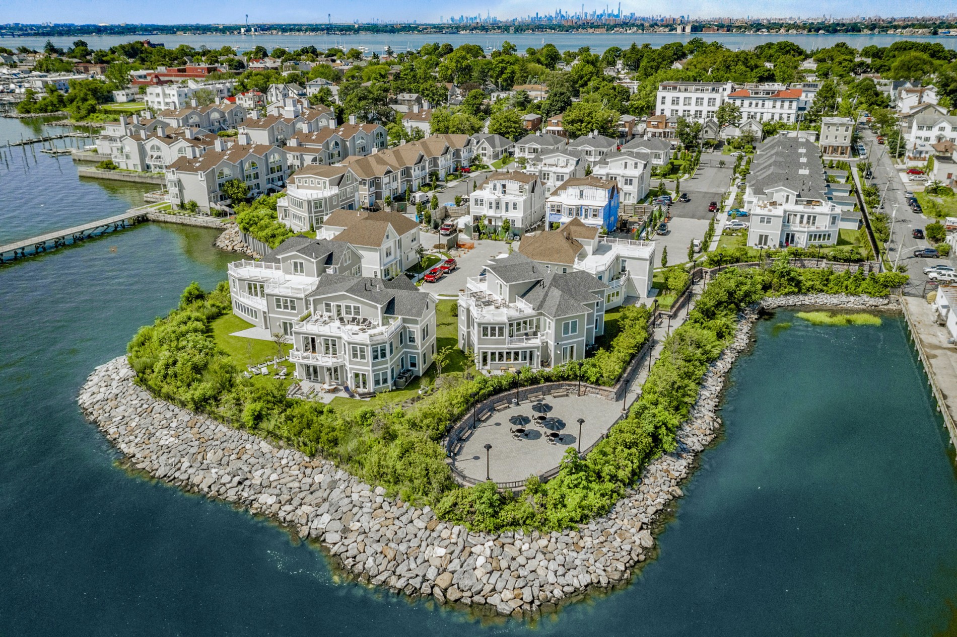 Aerial shot of condos on City Island a nyc beach town
