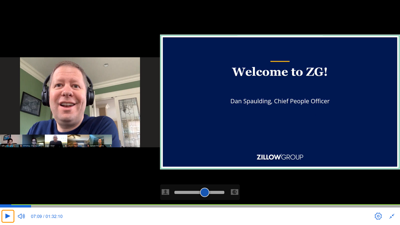 screen shot of Zillow Virtual Open House for new hires including a photo of Chief People Officer Dan Spaulding